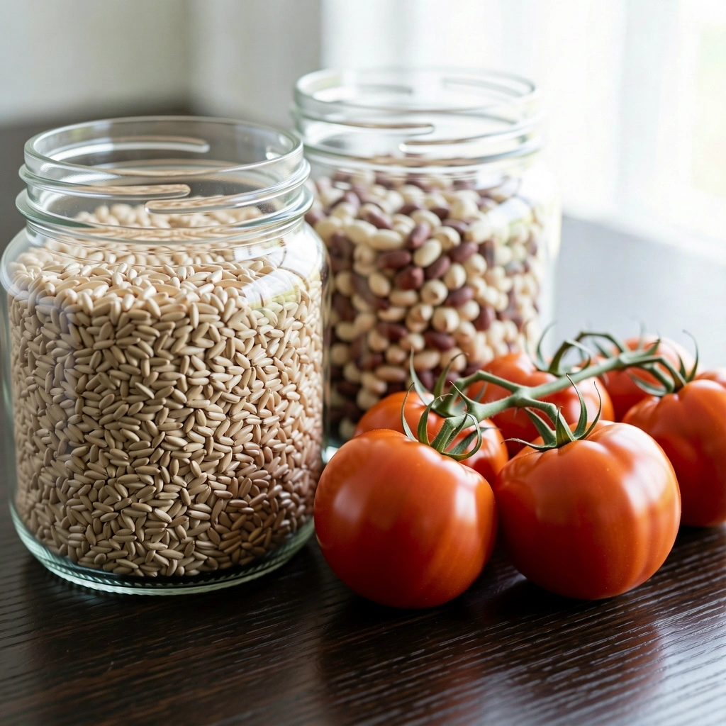 Ingredientes naturales y granos enteros sobre madera